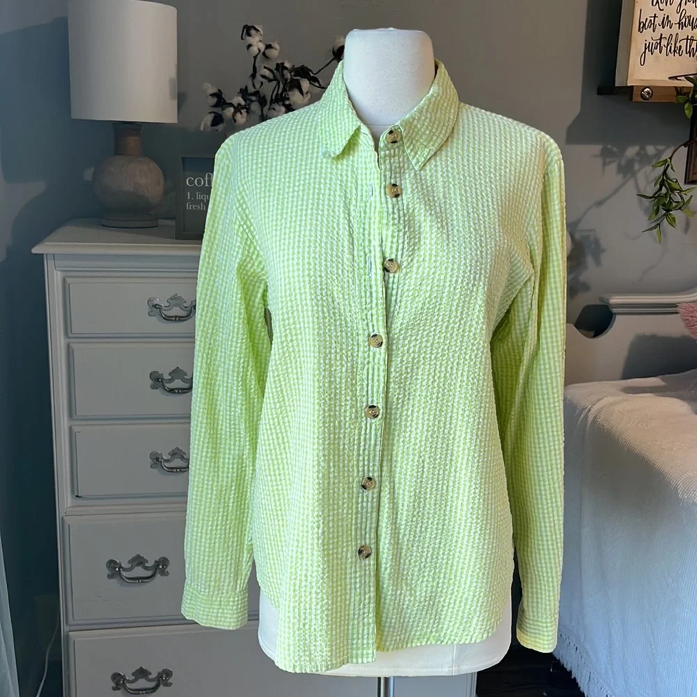 Vintage Bedford Fair Lifestyles Lime Green 90s Seersucker Checked Blouse Women M - Picture 1 of 9